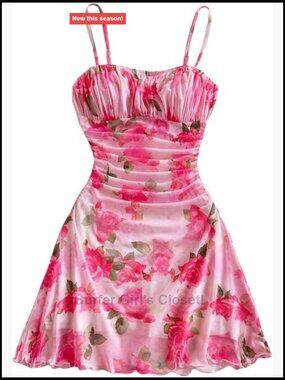 Floral Print Ruched Cami Dress Spaghetti Strap Ruffle Hem Mesh Mini Dress